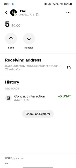 Screenshot of a USAT crypto wallet showing a balance of 5 USAT ($0.00), a receiving address, and a transaction history with a '+5 USAT' contract interaction entry dated 09/04/2026.