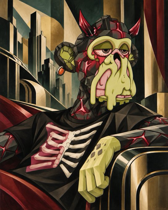 An artistic illustration featuring a green, horned character with an elongated face wearing a dark, geometric-patterned robe, set against a stylized cityscape backdrop.