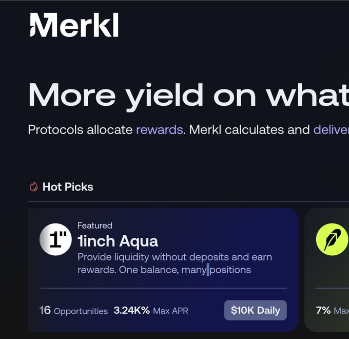 A Merkl promotional screen displays "More yield on what [matters]" with a featured "Hot Pick" for 1inch Aqua, highlighting 16 opportunities, a 3.24K% Max APR, and $10K Daily rewards for providing liquidity. This aligns with the post's message about 1INCH markets distributed across multiple chains via Merkl, reinforcing the value of shared liquidity for LPs.