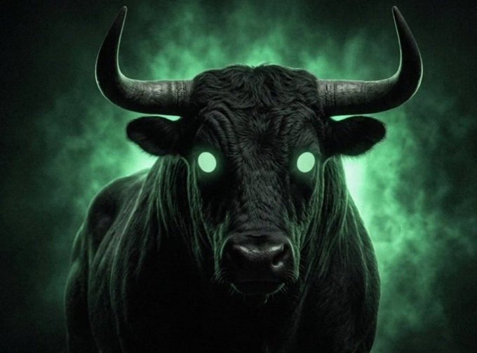 A powerful black bull with glowing green eyes stands against a smoky green background, embodying the bullish sentiment for the cryptocurrency $ANSEM. This imagery supports the post's call to action for people to join the "$ANSEM Squad" community.