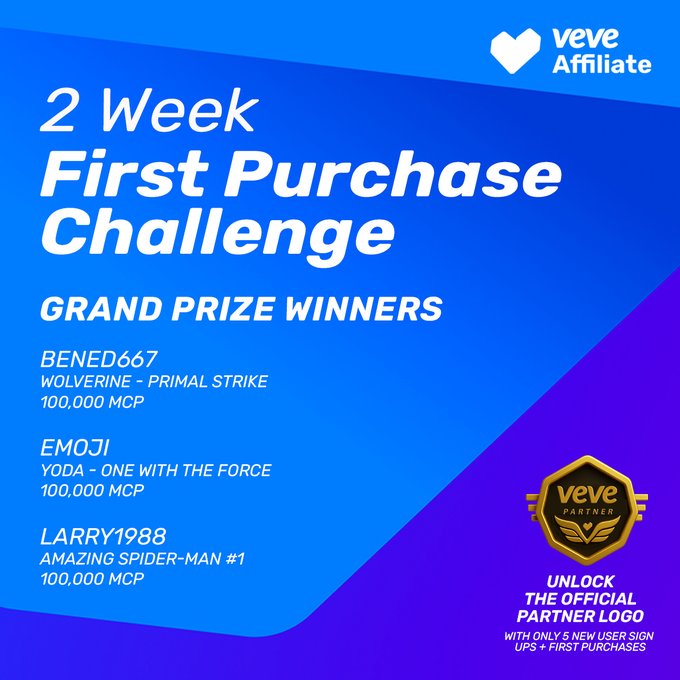 A Veve Affiliate 'First Purchase Challenge' grand prize winners announcement listing BENED667, EMOJI, and LARRY1988 as winners of 100,000 MCP prizes.