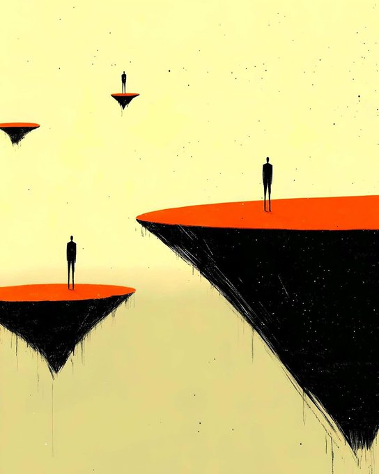 An artistic illustration depicts silhouettes of figures standing on floating islands with orange tops and black, paint-dripping bottoms against a pale yellow sky.