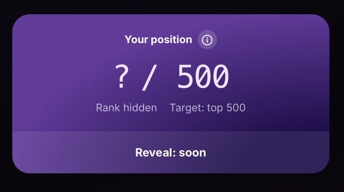 A purple card displays "Your position ? / 500" with "Rank hidden" and "Target: top 500," along with "Reveal: soon," teasing Jumper's upcoming top 500 leaderboard waitlist for the $JUMP ICO. The card visually represents the leaderboard ranking system mentioned in the post, encouraging users to join the waitlist to secure their spot.