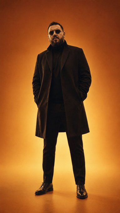 A full-length studio portrait of a bearded man in a dark coat and sunglasses standing against a warm orange gradient background.
