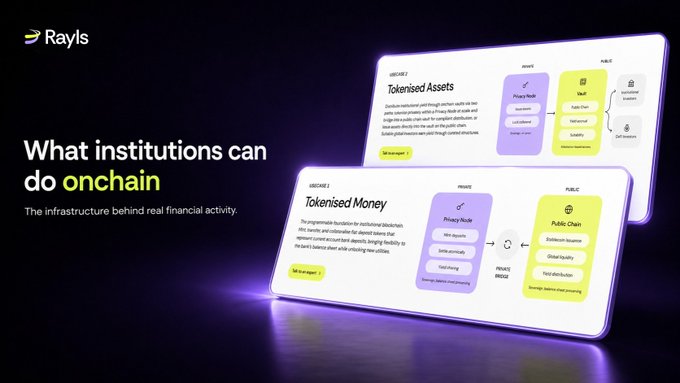A dark promotional graphic from "Rayls" featuring the headline "What institutions can do onchain — The infrastructure behind real financial activity." Two illustrated show floating cards highlight Rayls' offerings: "Secure 2: Tokenised Assets" (unlocking tokenised vaults with ILM 3.0 privacy and public chains) and "Secure 2: Tokenised Money" (enabling secure blockchain deposits with settlement, issuance, and public chain distribution), directly illustrating the post's points about bringing tokenised money, assets, and vaults onchain for financial institutions.