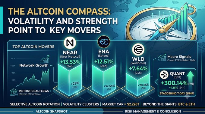 A financial infographic titled 'THE ALTCOIN COMPASS: VOLATILITY AND STRENGTH POINT TO KEY MOVERS' showing top altcoin movers NEAR (+13.53%), ENA (+12.51%), WLD (+7.64%), and QUANT (+300.14% in 7d) displayed as glowing green bars.