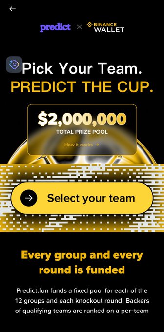 The image features a promotional poster for Predict @predict dot fun's collaboration with Binance Wallet. The poster emphasizes that users can join the Predict Cup directly from their Binance Wallet account. It also highlights that this year, the Predict Cup will host an exclusive online event where the user gets to pick their own team and predict the outcome of the game in exchange for $2M. Users who participate in this virtual betting event have the opportunity to win cash prizes of up to $3M by correctly predicting the winner's choice. The poster encourages users to "Focus on what is in the image and how it relates to the post" as they navigate through the information provided.