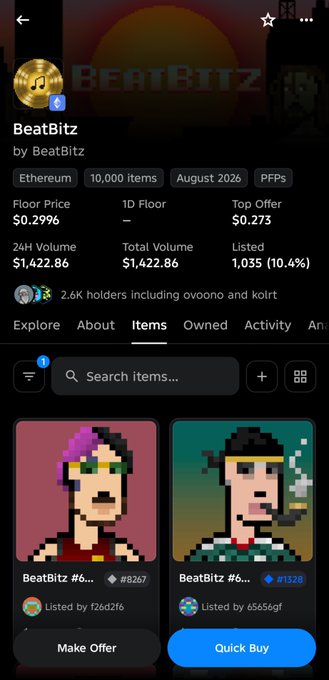 A mobile app screenshot shows an OpenSea NFT collection page for 'BeatBitz' on Ethereum with 10,000 items, displaying a floor price of $0.299 and pixel art NFT items available for purchase.