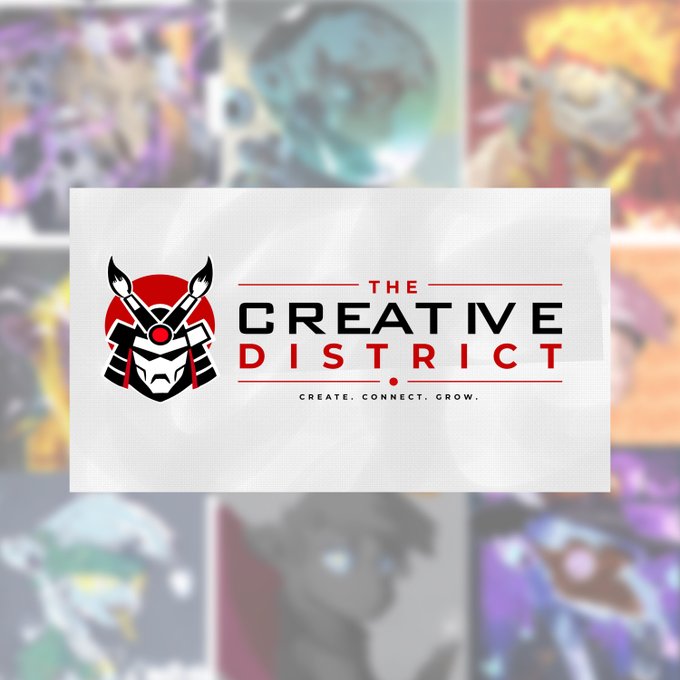 A logo banner for 'THE CREATIVE DISTRICT' with the tagline 'CREATE. CONNECT. GROW.' overlaid on a collage of colorful character portraits.