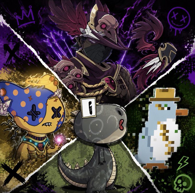 A stylized illustration featuring four characters divided into quadrants: a samurai-like armored figure, a colorful skull-faced creature with a crown, a pixelated duck-like character, and a dark dinosaur-like figure in the center.