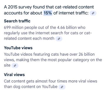 An infographic noting that cat-related content accounts for 15% of internet traffic, with stats on search traffic, YouTube views (26 billion), and viral views.