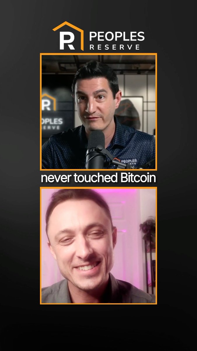 A "Peoples Reserve" branded graphic featuring two stacked photos: on top, a man in a studio labeled "never touched Bitcoin," and below, a smiling man with pink lighting, illustrating the post's point about regular people—homeowners and aspiring buyers—using Bitcoin to address home affordability.