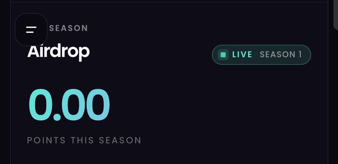 A digital interface displays 'SEASON Airdrop' with '0.00 POINTS THIS SEASON' and a 'LIVE SEASON 1' indicator on a dark background.