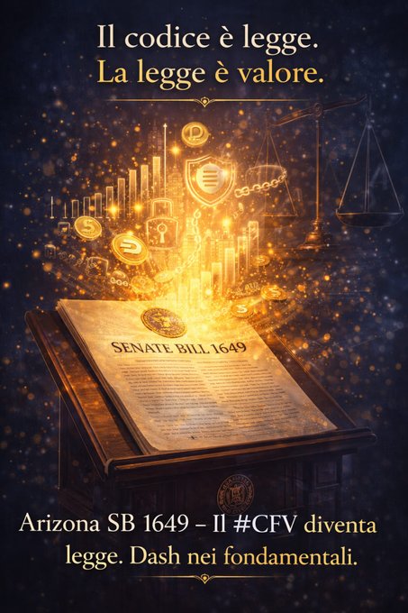 A promotional graphic in Italian about Arizona Senate Bill 1649, reading 'Il codice è legge. La legge è valore' and 'Arizona SB 1649 – Il #CFV diventa legge. Dash nei fondamentali,' featuring imagery of a bill, scales of justice, and cryptocurrency coins.