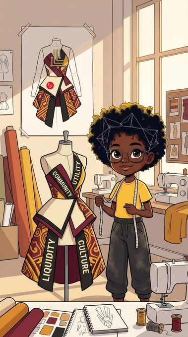 A young Black designer with an afro and glasses stands in her fashion atelier, surrounded by sewing equipment and a mannequin dressed in a vibrant garment bearing the words "COMMUNITY," "LIQUIDITY," and "CULTURE." The image symbolizes the slow, intentional craft of building something meaningful—mirroring the post's message that lasting success, like $AFRO, cannot be rushed through shortcuts but requires patience and dedication.