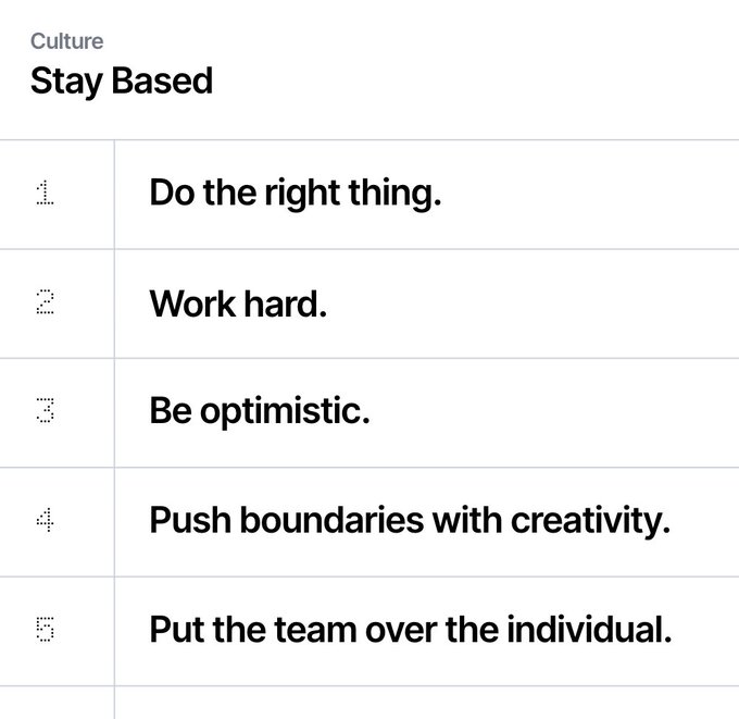 The image displays a numbered list of five cultural values: "1. Do the right thing. 2. Work hard. 3. Be optimistic. 4. Push boundaries with creativity. 5. Put the team over the individual." The post critiques Coinbase's top-down approach to defining company culture, arguing that handpicking cultural values leads to elitism and shouldn't be dictated from the leadership level.