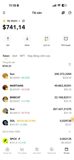 A screenshot of a Vietnamese cryptocurrency wallet app showing a total asset balance of '$741,14', with visible tokens including Sue, MARTIANS, BNBCAT, SOL, and SPCX along with their percentage changes.