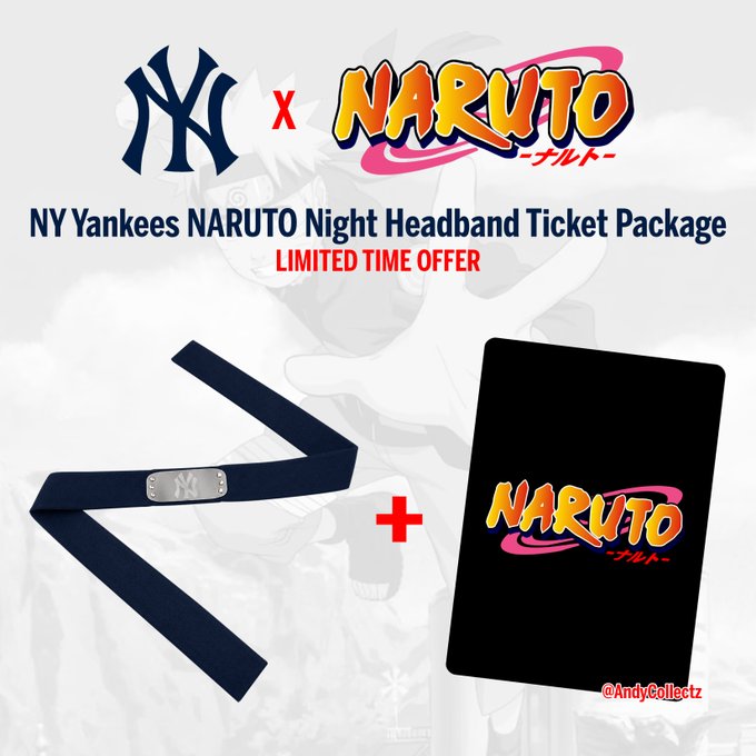 A promotional image for the "NY Yankees NARUTO Night Headband Ticket Package" featuring a navy Yankees headband with an interlocking NY logo alongside a black card displaying the colorful NARUTO logo, set against a faded anime character background. The post highlights the sleek Yankees-branded headband as a standout collectible, suggesting such unique crossover partnerships as evidence of $TCGS's credibility and genuine project appeal.