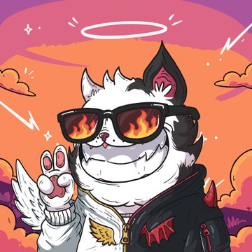 A cartoon illustration of a husky dog character with a halo, wearing flame-patterned sunglasses and a spiked jacket, making a peace sign against an orange sky.