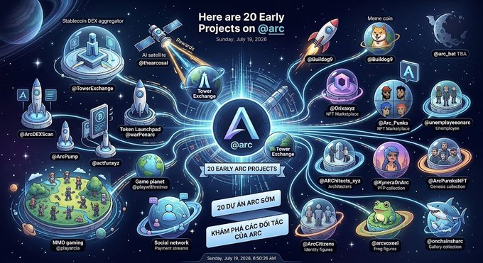 A colorful space-themed infographic titled "Here are 20 Early Projects on @arc" dated Sunday, July 19, 2026, showcases various Arc ecosystem projects with cartoon-style icons including @TowerExchange, @ArcDEXScan, @ArcPump, @acfunxyz, @playwithstime, @unemployeearc, @ArcPunksNFT, @KyoneraOnArc, and @Frog figures, visually representing the ecosystem projects mentioned in the accompanying list.