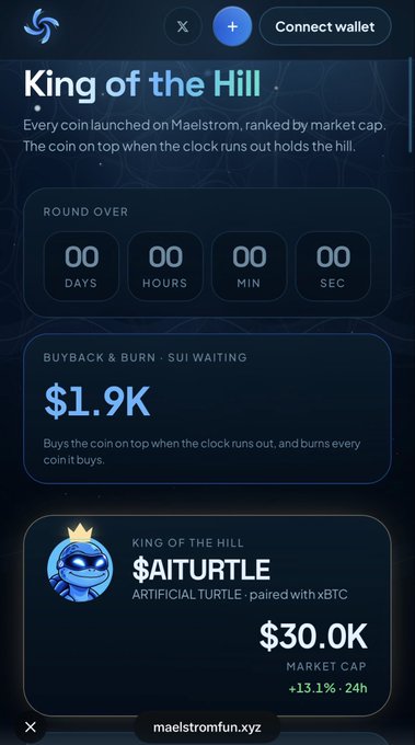 A mobile screenshot of the maelstromfun.xyz website displaying a 'King of the Hill' competition where $AITURTLE currently holds the top spot with a $30.0K market cap, up 13.1% in 24 hours.