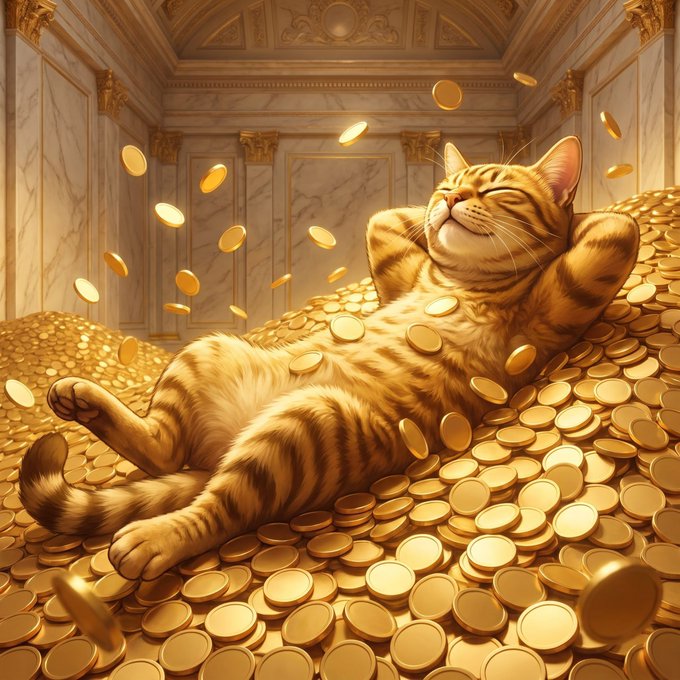 An orange tabby cat lounges blissfully atop a massive pile of gold coins in an opulent marble room, perfectly symbolizing the post's boastful claim of striking it rich with $PAIDCATE after earlier successful calls on $CATE and $PAID.