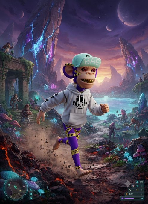 A digital illustration of an ape-like character wearing a teal cap labeled 'BAG' and a gray hoodie with a face logo, running through a vibrant fantasy landscape with mountains, purple skies, and other figures.
