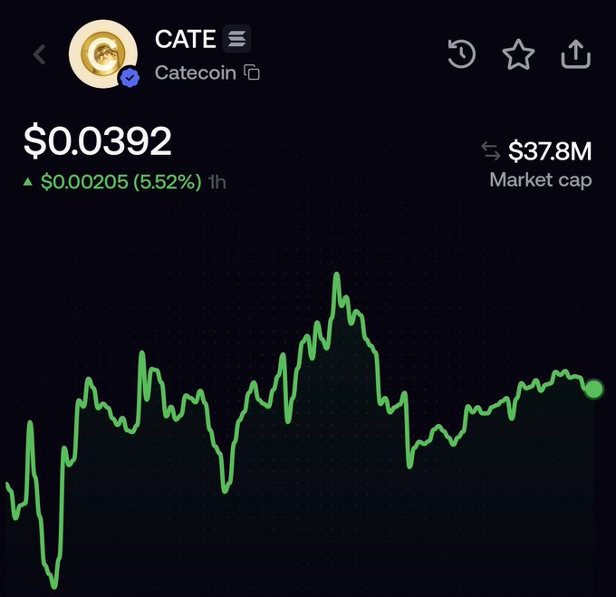 A cryptocurrency price chart for Catecoin (CATE) shows the token trading at $0.0392, up 5.52% ($0.00205) over the past hour, with a market cap of $37.8M. The accompanying post celebrates the CATE token's bullish momentum and community strength, aligning with the chart's visible upward trend and 1-hour price gain.