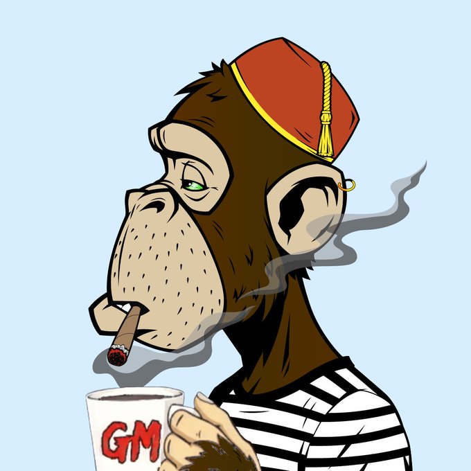 A cartoon illustration of a monkey wearing a red fez hat and striped shirt, smoking a cigar and holding a coffee mug labeled 'GM'.