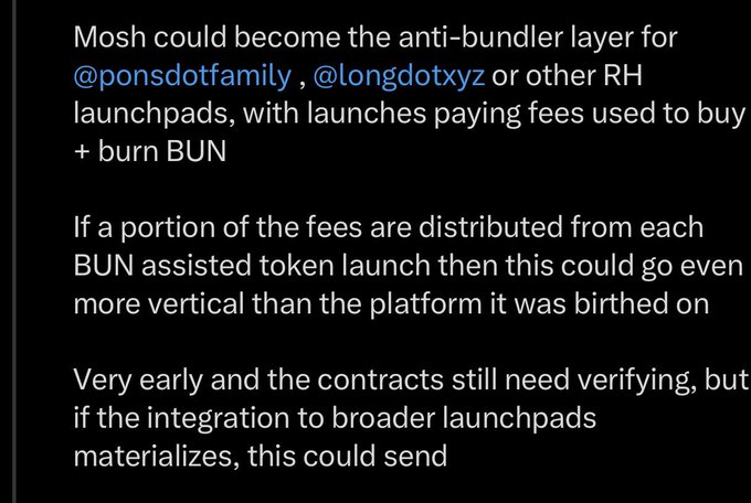A screenshot of text discussing cryptocurrency, mentioning 'Mosh', '@ponsdotfamily', '@longdotxyz', 'RH launchpads', and the token 'BUN'.