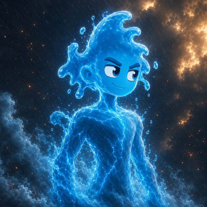 The image features a blue-skinned character with an angry expression, standing against a backdrop of stars and clouds. The character appears to be made out of water droplets or some other form of liquid, giving them a unique appearance. The caption provided in the image reads "We've all been flowing since 2021 Im not sure how many in there? Drop your Evm and prove it." This phrase is likely an inside joke or reference to a popular meme from the early 2000s.