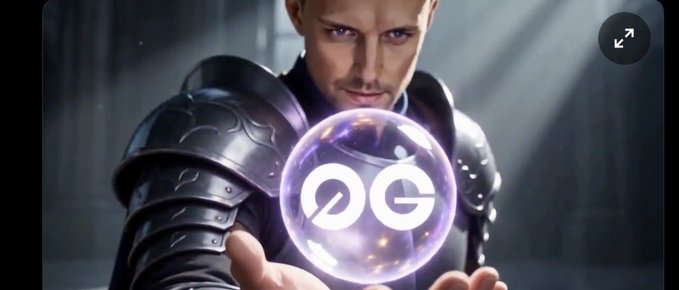A man in dark fantasy armor holds a glowing purple orb containing the letters 'OG'.