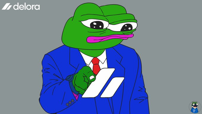The Delora logo accompanies a cartoon illustration of the Pepe the Frog meme character wearing a blue business suit and red tie.