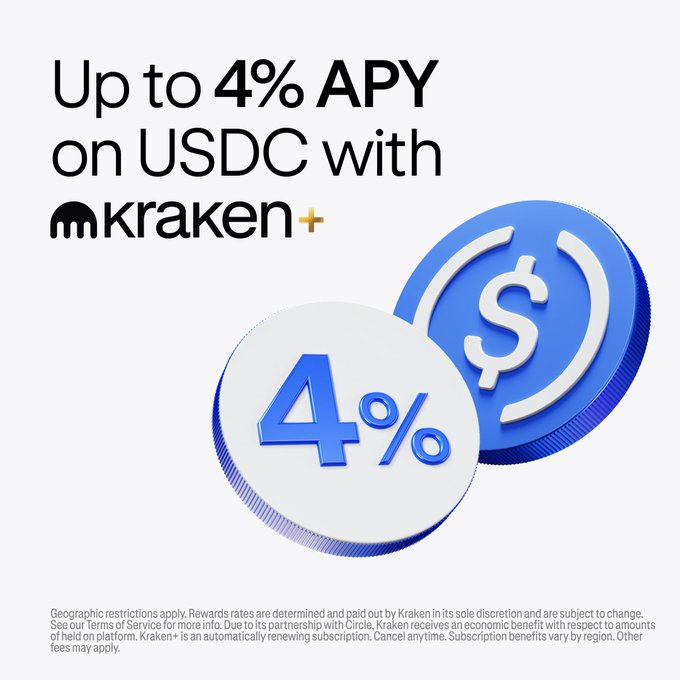 Promotional graphic announcing up to 4% APY on USDC for Kraken+ subscribers, featuring the Kraken+ logo alongside blue USDC coin graphics displaying the 4% reward rate. The post invites users to turn on Auto Earn to start collecting rewards via the provided Kraken link.