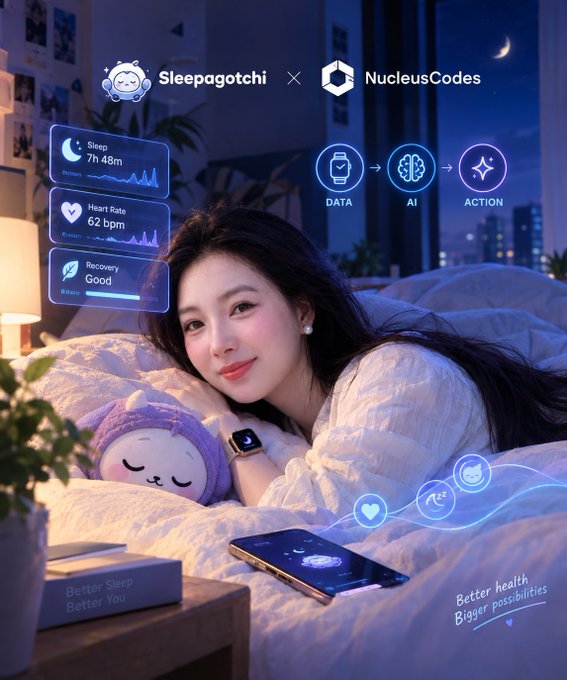 An advertisement showing a woman lying in bed with a smart watch and phone, displaying 'Sleepagotchi × NucleusCodes' with sleep data including 'Sleep 7h 46m' and 'Heart Rate 62 bpm'.
