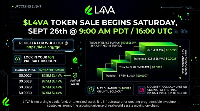 A promotional graphic for an upcoming L4VA token sale beginning Saturday, September 26th at 9:00 AM PDT, detailing presale tranches, prices, and a 10% pre-sale discount for whitelist registrants.