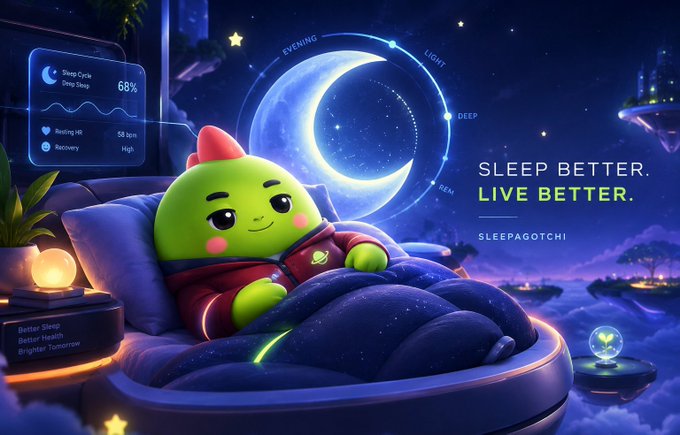 An advertisement for 'SLEEPAGOTCHI' with the tagline 'SLEEP BETTER. LIVE BETTER.', featuring a cute green creature in pajamas sleeping under a starry crescent moon sky with sleep cycle statistics displayed.