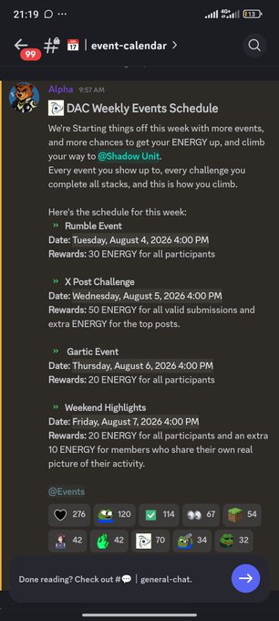 A Discord screenshot from the #event-calendar channel by 'Alpha' titled 'DAC Weekly Events Schedule,' listing a Rumble Event (Aug 4), X Post Challenge (Aug 5), Gartic Event (Aug 6), and Weekend Highlights (Aug 7) with various ENERGY rewards.