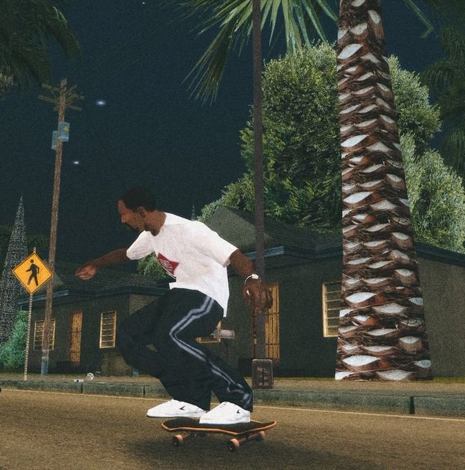 Image 10: A 3D rendered or video game screenshot of a man in a white t-shirt, dark track pants, and white sneakers riding a skateboard down a street at night, lined with palm trees and houses.
