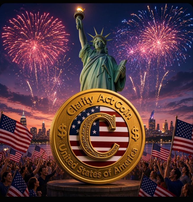 A patriotic digital artwork featuring a large 'Clarity Act Coin' with a 'C' logo and American flag design, set against the Statue of Liberty, fireworks, and crowds waving US flags.
