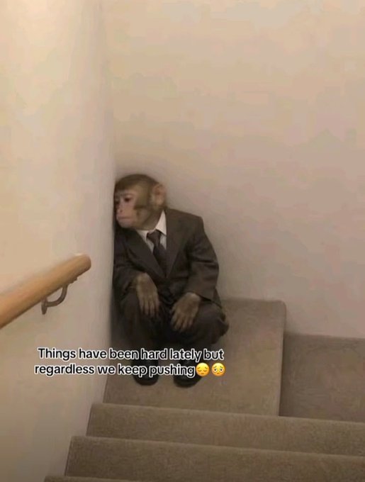 A relatable meme featuring a small monkey dressed in a business suit sitting alone on a staircase with the caption 'Things have been hard lately but regardless we keep pushing' accompanied by crying emojis.