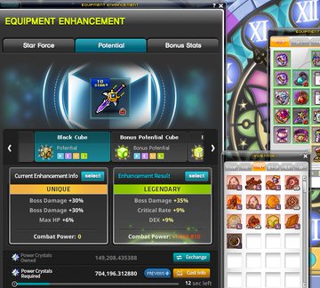 A mobile game screenshot showing the 'EQUIPMENT ENHANCEMENT' interface for MapleStory, featuring a Star Force enhancement screen with Black Cube and Bonus Potential Cube options.