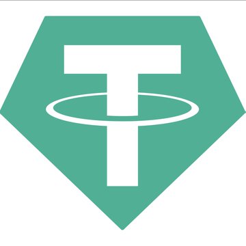 The Tether (USDT) cryptocurrency logo, featuring a white "T" symbol with a ring around it on a teal pentagon-shaped background.