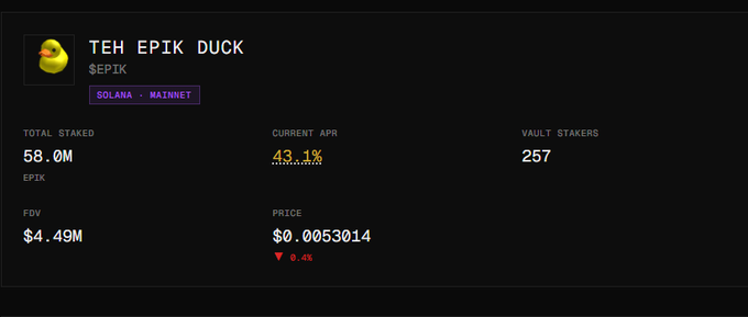 A dashboard for TEH EPIK DUCK ($EPIK) showing Total Staked 58.0M, Current APR 43.1%, 257 Vault Stakers, FDV $4.49M, and Price $0.0053014 on Solana Mainnet.