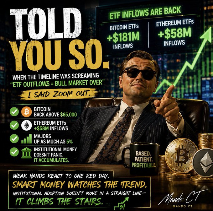 A Mando CT promotional graphic featuring a man in sunglasses pointing upward, with the headline 'TOLD YOU SO.' and statistics showing 'BITCOIN ETFS +$181M INFLOWS' and 'ETHEREUM ETFS +$58M INFLOWS', along with the message 'ETF INFLOWS ARE BACK' and 'BASED. PATIENT. PROFITABLE.' on a coffee mug.