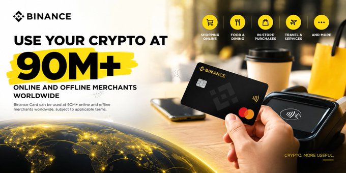 A Binance promotional banner advertises that the Binance Card can be used at 90M+ online and offline merchants worldwide, featuring icons for shopping, food & dining, in-store purchases, travel & services, and more. The image shows a hand holding the black Mastercard next to a payment terminal and coffee cup, visually reinforcing the post's message about making crypto usable in everyday transactions.