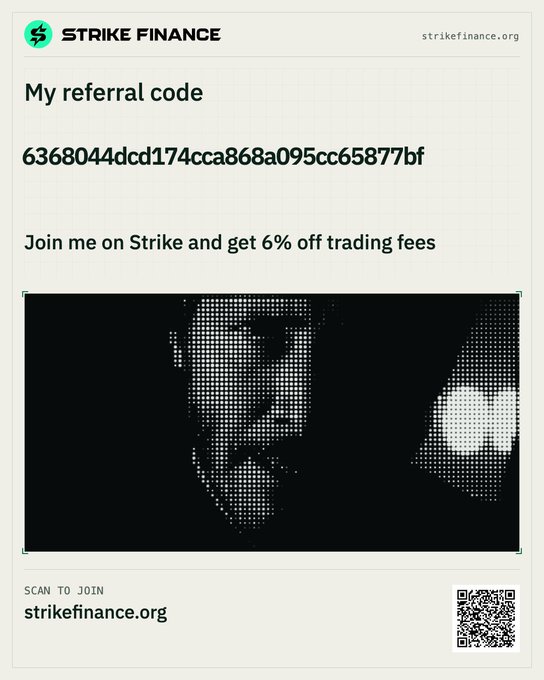 Strike Finance referral code page showing the code '6368044dcd174cca868a095cc65877bf' with a 6% trading fee discount offer, featuring a halftone-style image of a man and a QR code.