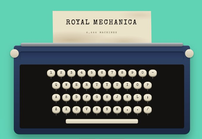A stylized illustration of a blue vintage typewriter on a teal background displays a paper reading "ROYAL MECHANICA" and "6,666 MACHINES," visually reinforcing the giveaway's limited whitelist of 6,666 spots for the Royal Mechanica project mentioned in the post.