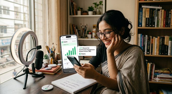 A smiling woman wearing glasses sits at a desk with a ring light and microphone, holding a smartphone that displays a bar chart graphic with text about community engagement and a '+33% Reward for Community Engagement' message.