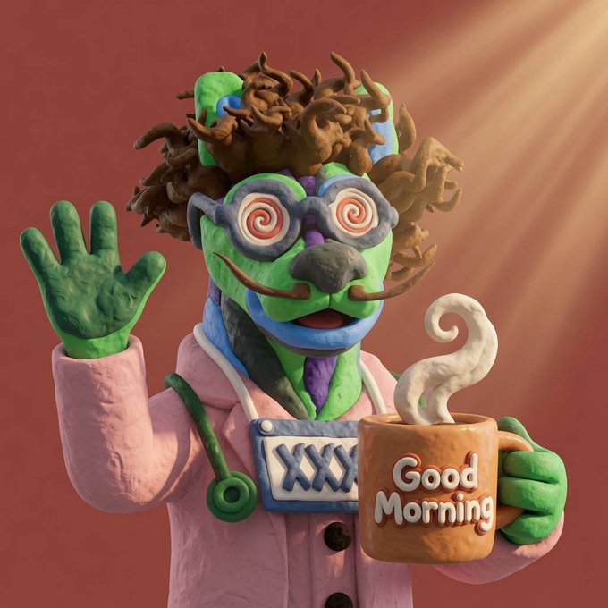 A claymation character with "Good Morning" on its mug, likely representing a morning greeting or the start of a new day, aligning with the "gmgm guys" post.